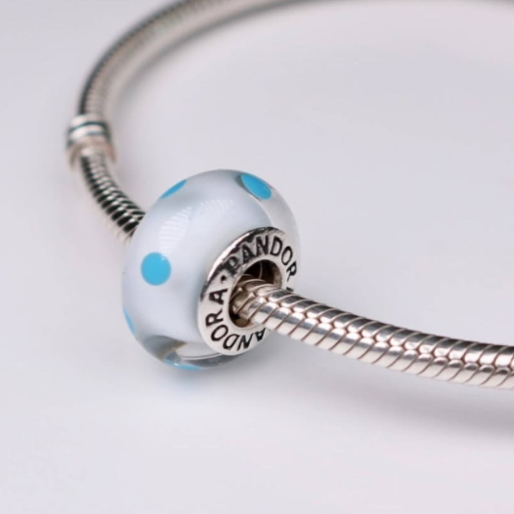 Pandora- White & Teal Murano Glass Polka Dot Charm